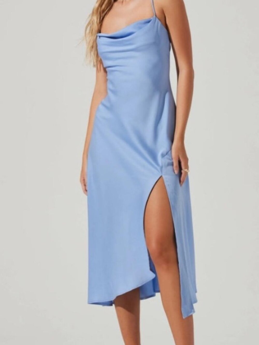 ASTR Gaia Satin Slip Cowl Midi Dress – Sky Blue – Size S